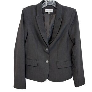 Calvin Klein Two Button Blazer Womens 8P Gray Notched Lapel Lined Career Jacket
